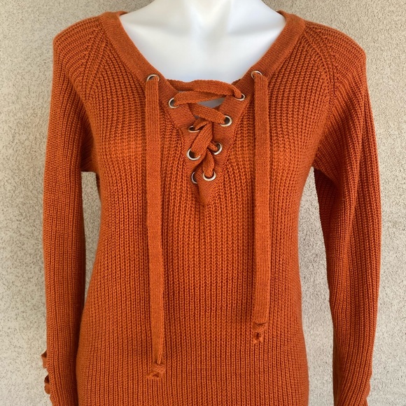 Corset Lace V Neck Knit Mini Sweater Dress Boho - Picture 4 of 5